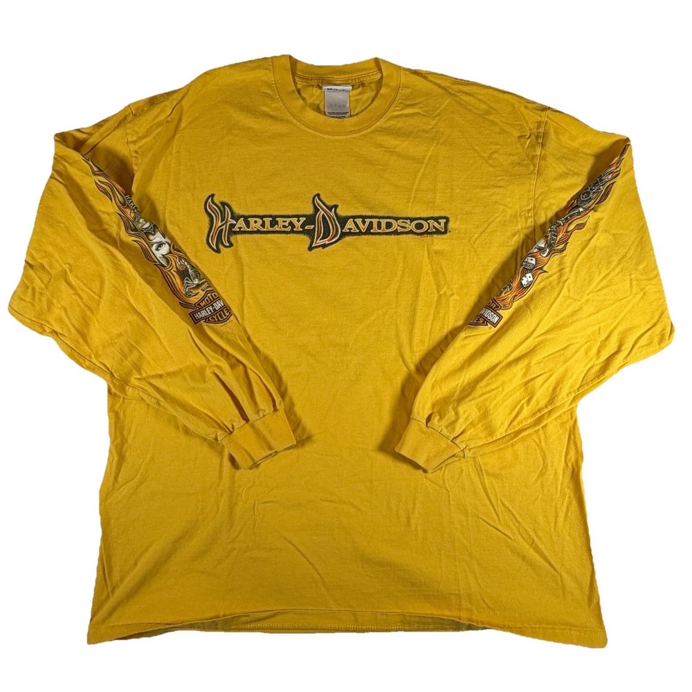 Vintage Y2K Harley Davidson Flame Sleeve Shirt Mens 2XL Yellow Biker Long Sleeve